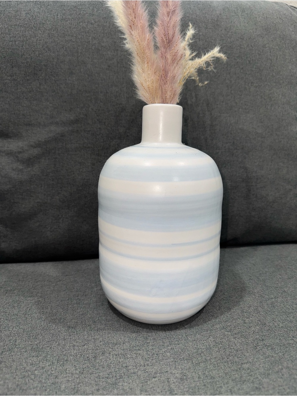 Like New Striped Ceramic Vase in Soft Blue and White